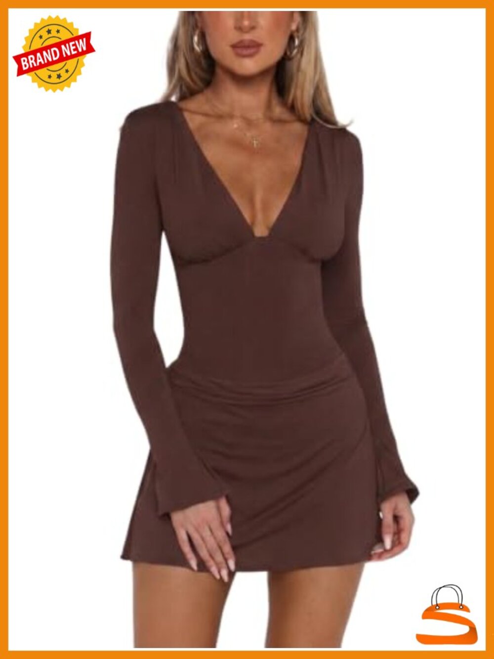 Plunging V Neck Long Sleeve Bodycon Mini Dress Going Out Date Night Ruched